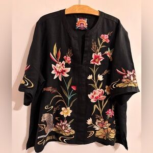 Johnny Was Maisie Easy Black Linen V-Neck Top